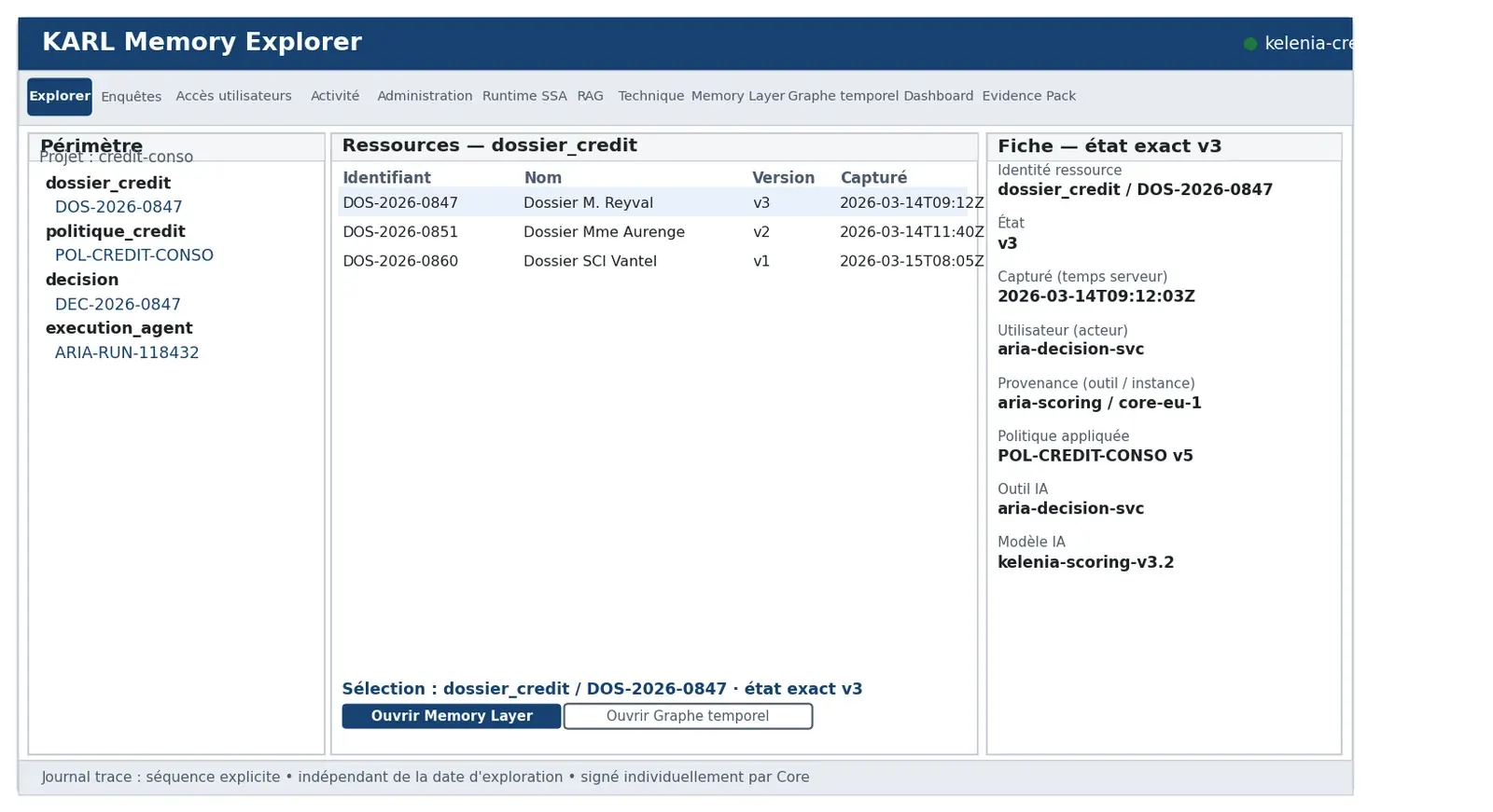 Onglet Explorer : fiche de l'état exact v3 du dossier DOS-2026-0847