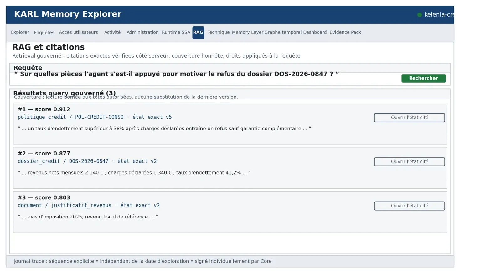 Onglet RAG : citations exactes de la politique v5, du dossier v2 et du justificatif de revenus
