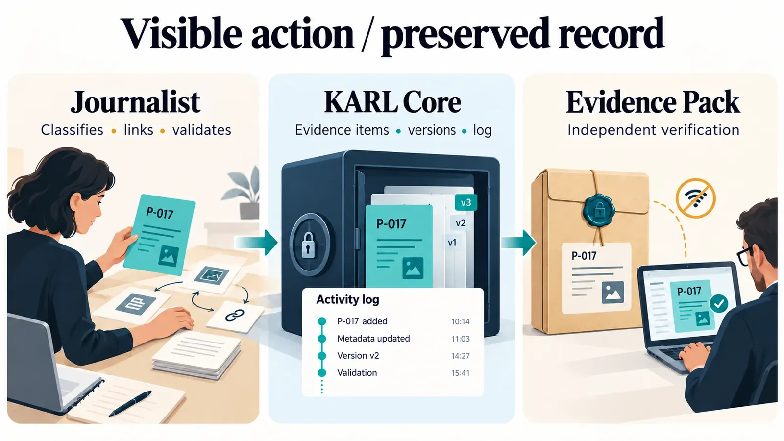 Visible action, retained trace: from the journalist to KARL Core, through to the sealed Evidence Pack