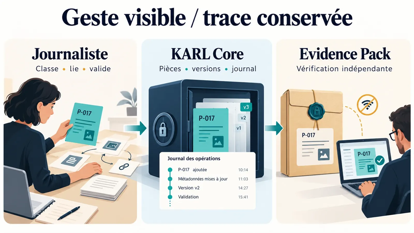 Geste visible, trace conservée : du journaliste à KARL Core, jusqu'à l'Evidence Pack scellé