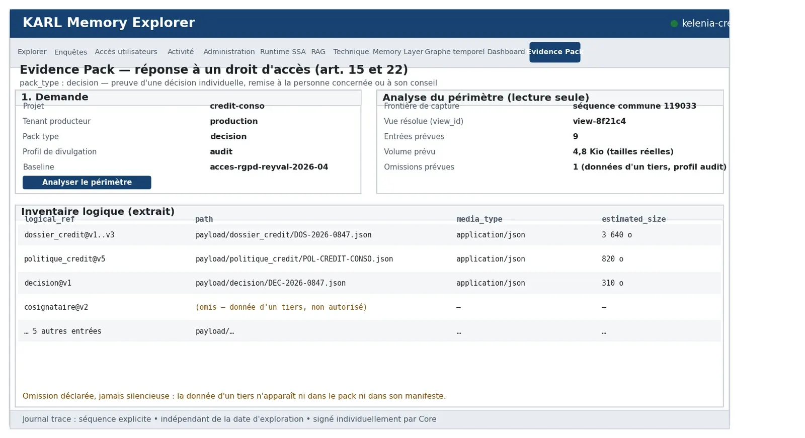 Analyse du périmètre d'un Evidence Pack de type decision