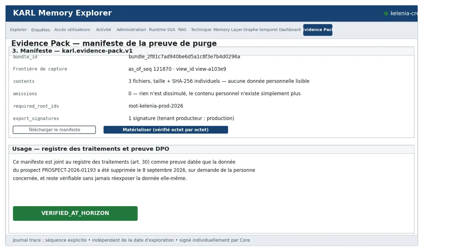 Manifeste scellé du pack deletion joint au registre des traitements