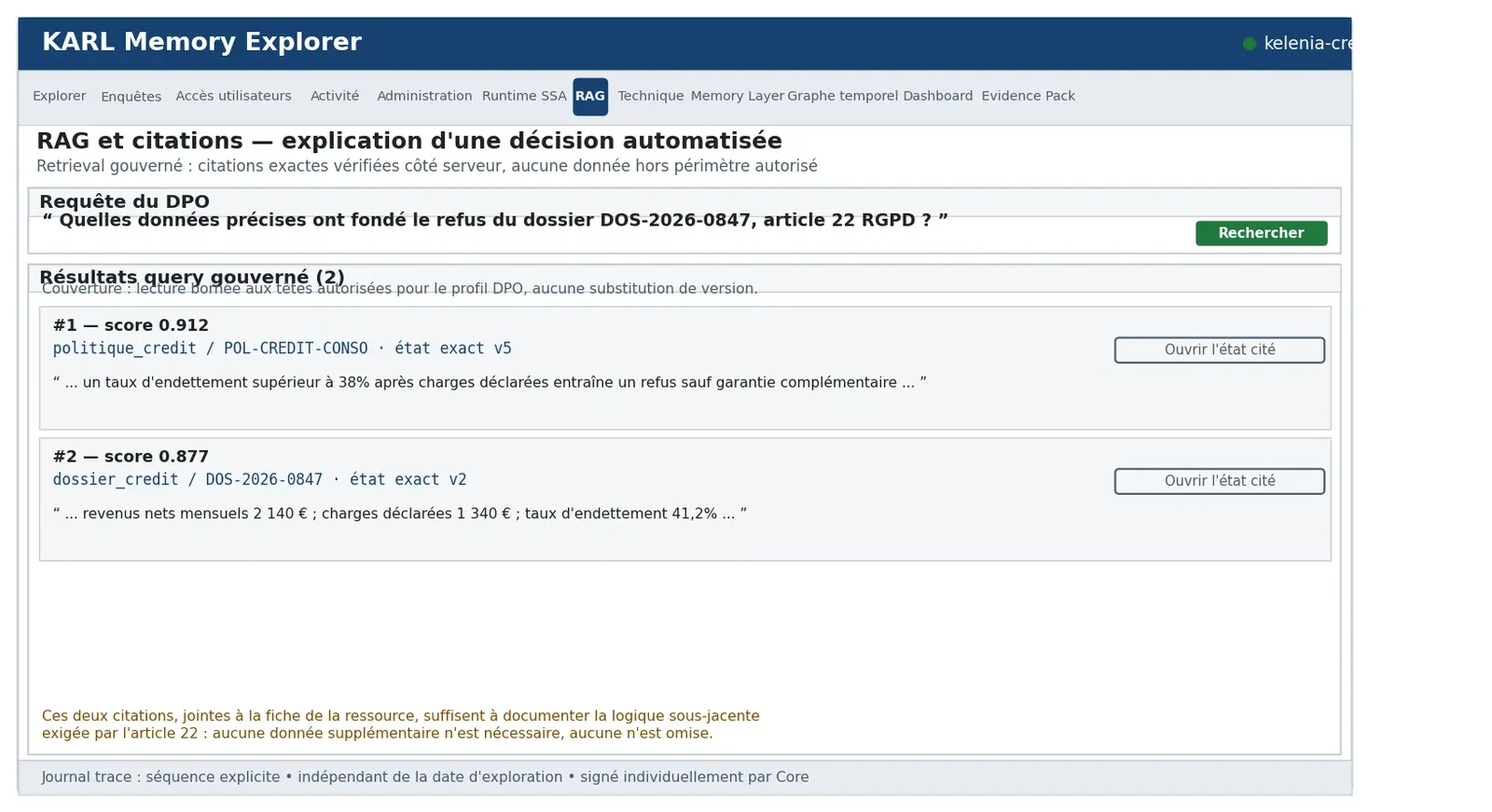 Onglet RAG : citations du taux d’endettement retenu et du seuil de politique appliqué